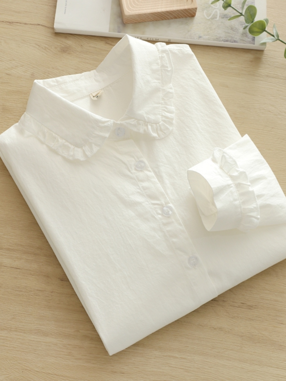 韓国風の芸術的なフレッシュフリルエッジドールカラー純綿白シャ - Base Layer Top のレビューと価格