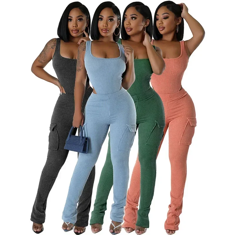 女性用リブニットトップとカーゴパンツセット,カジュアルタンク - Tank Top Ribbed のレビューと価格