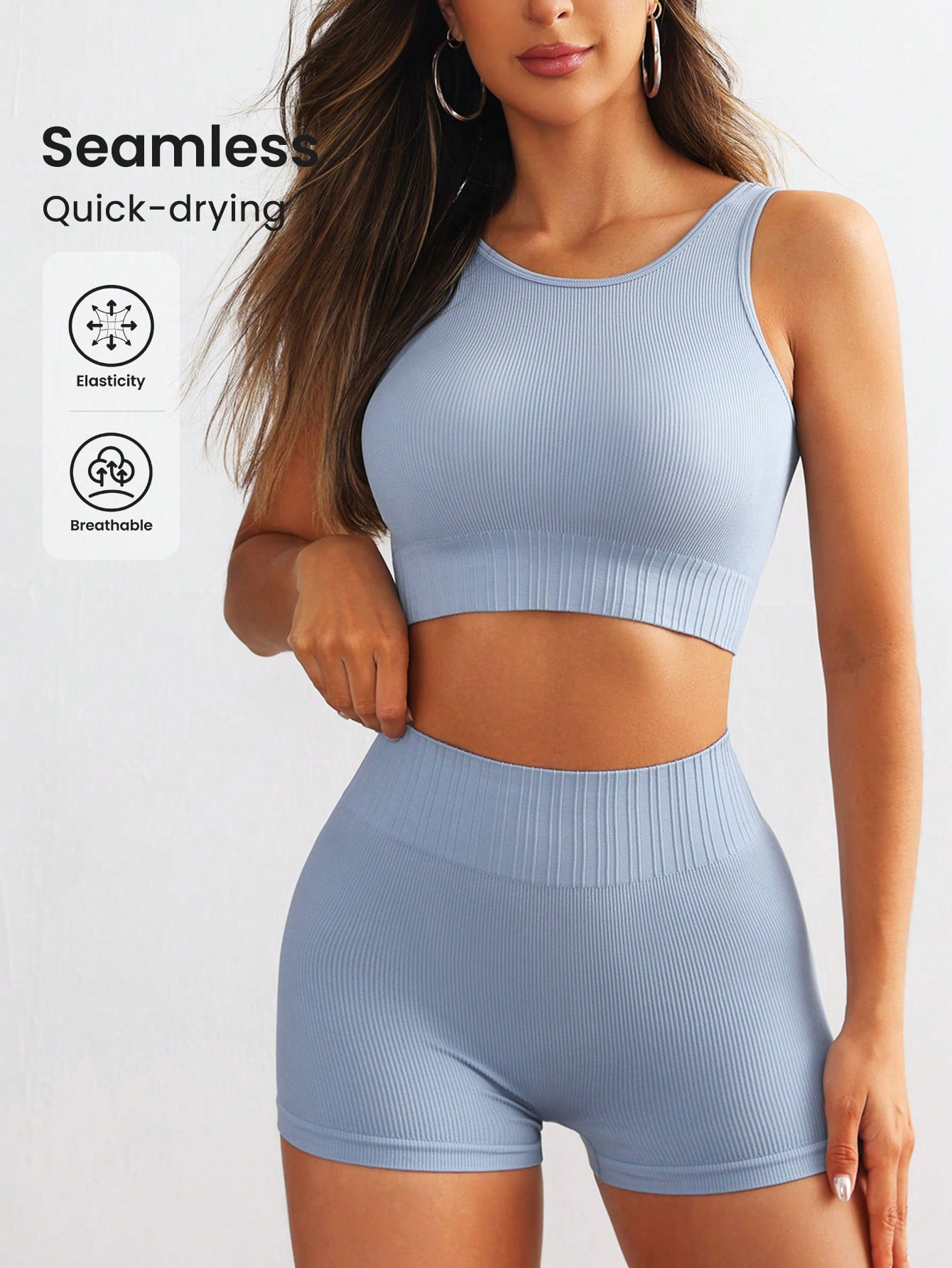 女性用シームレスリブ編みヨガセット ノースリーブ ラウンドネ - Tank Top Ribbed のレビューと価格
